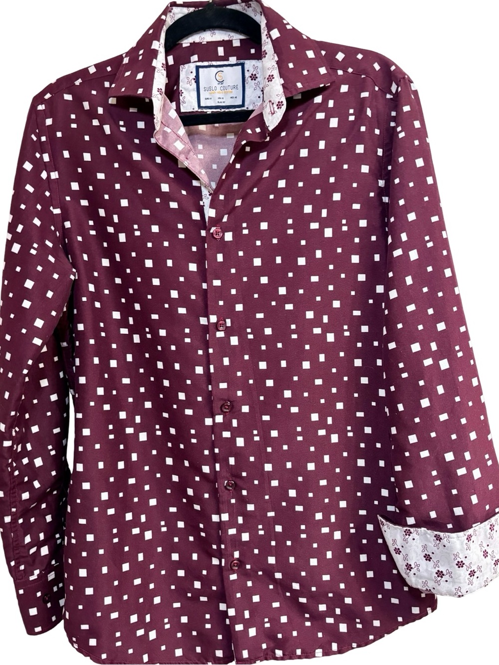 Suslo Couture Burgundy Square Print Slim Fit Shirt M - Picture 13 of 13
